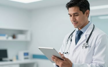A professional South American male doctor in a white coat, holding a digital tablet in a bright, modern clinic. The background is clean and organized with soft blue accents. High-quality photography, natural lighting.