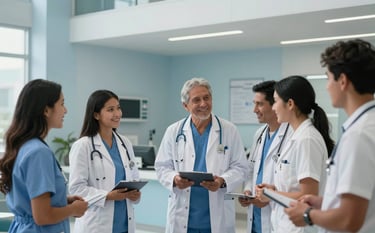 A group of South American medical professionals in a minimalist clinic lobby, collaborating and smiling. The environment is professional and empathetic, featuring modern architectural lines and light blue tones.