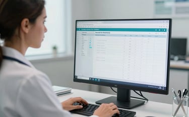 A female doctor in South America reviewing electronic health records on a sleek monitor. The scene is bright and efficient, reflecting a high-tech medical environment with a focus on patient care.