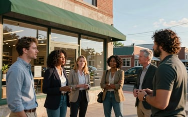A vibrant, medium shot of a diverse group of small business owners talking outside a modern storefront in a Minnesota neighborhood. The scene is lit with warm, late-afternoon sunlight. Elements of forest green and soft sky blue are visible in the storefront decor and clothing, creating a professional and community-focused atmosphere.