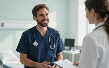 A professional and warm portrait of a doctor in deep navy scrubs having a compassionate conversation with a resident in a sunlit medical facility. The background is clean and modern, featuring pale mist white surfaces and a calm, trustworthy atmosphere.