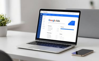 A clean, modern workspace with a high-end laptop showing a professional Google Ads performance dashboard. The setting is minimal and bright, featuring subtle blue accents like #2C4F7F and #77A3CE in the office decor. Soft, natural lighting creates an authoritative and professional atmosphere.