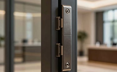 Detailed professional macro photograph of an architectural pivot hinge made of dark matte metal, installed on a heavy luxury glass door. Soft warm light highlights the seamless edges and mechanical precision. Ultra-modern interior setting in a Latin American corporate headquarters, clean minimalist style.