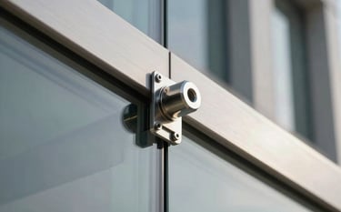 A professional architectural close-up photograph of a heavy-duty stainless steel spider fitting securing a large tempered glass panel on a modern facade. The metallic surface has a brushed texture reflecting soft daylight. Minimalist design, high technical precision, clean lines. Latin American contemporary office building in the background.