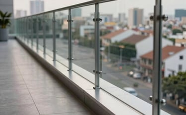 Architectural detail photograph of an anodized aluminum floor channel supporting a thick structural glass balustrade. Linear perspective, bright ambient lighting showing the flawless installation. Modern outdoor terrace overlooking a Latin American metropolis.