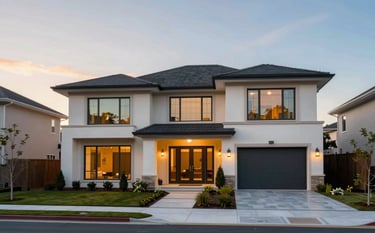 A high-resolution architectural photograph of a luxury suburban home during the golden hour. The property features clean modern lines, large glass windows, and professional landscaping. The sky shows soft hues of blue and orange, reflecting the brand colors #4E677F and #A2B7C8. The style is sophisticated and trustworthy.