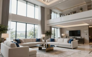 A bright, modern interior view of a luxury living room with high ceilings and floor-to-ceiling windows. The decor is refined and clean with high-end furniture in neutral tones. The lighting is natural and airy, projecting a mood of modern luxury and success. Incorporates subtle brand blue accents in the textiles.
