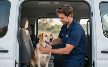 A compassionate professional transport specialist in a clean uniform gently securing a dog in a modern, climate-controlled animal transport van. The scene is lit with warm, natural light, conveying reliability and care, with a color palette including #1E3A4B and #F8FBFD.