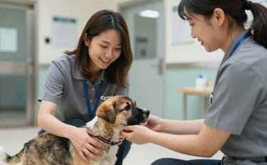 A heartwarming interaction between a transport coordinator and a foster volunteer outside a veterinary clinic. A puppy is being carefully transferred. The mood is approachable and trustworthy, utilizing #4F6B7C and #A7BCC9 in the environment.