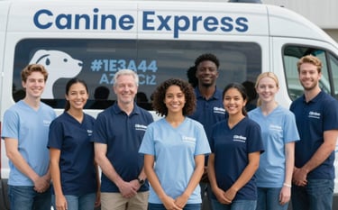 A group of diverse, smiling volunteers standing proudly in front of a professionally marked Canine Express Transport van. High clarity, clean composition, reflecting compassionate professionalism with #1E3A4B and #A7BCC9 accents.