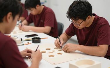 Behind-the-scenes photography in a North American creative workshop. A team member is seen from the side, focused on building a physical product prototype. The environment is clean and professional, with a Deep Ripe Crimson and Crisp Parchment color palette.