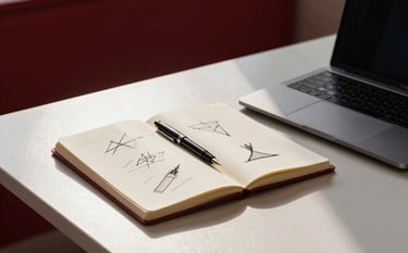 A high-contrast photography shot of a minimalist North American office desk. A notebook with strategic sketches, a laptop, and a fountain pen sit on a surface of Crisp Parchment. Deep Ripe Crimson accents are visible in the room's decor. Sharp morning sunlight creates professional, clean shadows.