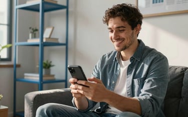 A happy client looking at their mobile phone in a sunlit room with steel blue furniture. The person looks relieved and confident about their financial future.
