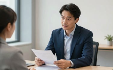 A professional credit consultant wearing a dark blue suit sitting in a bright, modern office, discussing a document with a client. The atmosphere is supportive and professional, with light blue-grey and soft off-white walls in the background.