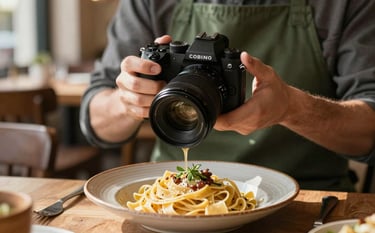 A close-up photograph of a professional content creator holding a high-end mirrorless camera, focusing on a rustic plate of artisanal pasta in a sunlit Western / European bistro. The lighting is warm and natural, highlighting the textures of the food and the Matte Forest Green apron of the creator.
