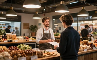 A wide-angle, cozy photography shot of a modern food market in Western / European style. An agency professional is seen from behind, planning a marketing strategy with the market owner. The scene is illuminated by warm hanging lamps, creating a professional yet approachable mood.
