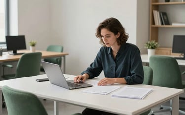A photograph of a modern, welcoming Scandinavian-style office in North America / European. A professional sits at a clean, white parchment desk, focused on strategic documents. Minimalist furniture in matte forest green and light wood tones. Soft, diffuse lighting complements the calm and trustworthy environment.