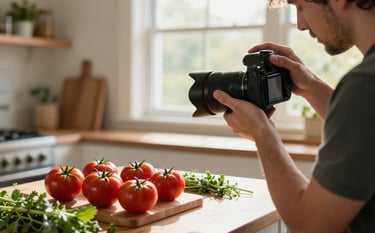 A professional behind-the-scenes photography shot in a North American farm kitchen. A content creator is using a high-end camera to film fresh, vibrant red tomatoes and green herbs. Soft morning sunlight streams through a window, creating a cozy and sophisticated artisanal atmosphere.