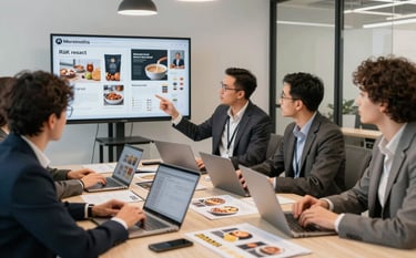 A sophisticated, professional photography shot of a strategy meeting in a modern North American marketing studio. Digital specialists are gathered around a table with mood boards and laptops, planning a large-scale campaign for a heritage food brand. Lighting is bright and inviting.