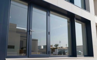 Sleek aluminum window and door frames in a contemporary office building in Riyadh. A perspective shot showing clean lines and high-quality finishing. The palette includes Midnight Navy and Steel Blue. Middle Eastern / Gulf urban setting, bright daylight.