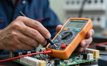 Close-up of an electrician's hand using a professional multimeter on a circuit board. The lighting is focused and clear, showcasing deep expertise. Colors include #1A202C and #2C5282. The background is slightly blurred for depth.