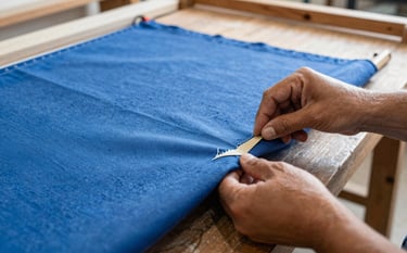 A close-up of a Brazilian artisan in a well-lit workshop professionally restoring an ombrelone. The image shows the process of replacing a worn fabric with a new, high-durability medium blue canvas.