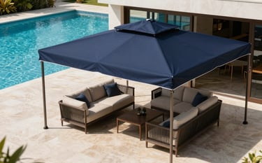 A luxury custom navy blue ombrelone on a high-end Brazilian terrace overlooking a swimming pool. Sophisticated outdoor living space with sun-drenched lighting and clear shadows, emphasizing the premium fabric quality.