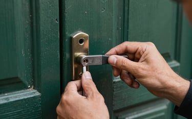 Close-up of a professional locksmith's hands working on a high-security lock on a sturdy wooden door, typical of Spanish / Aragonese architecture. The tools are professional and well-maintained. The atmosphere is one of trust and reliability, with forest green and deep charcoal green tones in the background.