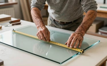 A skilled craftsman in a workshop in Teruel, Spain, carefully measuring a large pane of glass. The lighting is natural and bright, highlighting the texture of the tools and the clarity of the glass. The scene conveys expertise and 40 years of tradition, with a pale sage green and creamy white color palette in the surroundings.