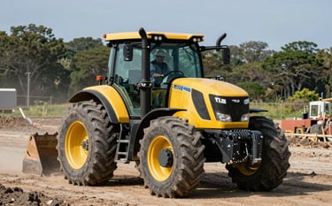 A high-performance yellow and black TLB tractor at work on a South African construction site under a clear sky. A professional operator in a charcoal vest and hardhat is visible. The scene captures industrial efficiency with forest green and slate grey surroundings.