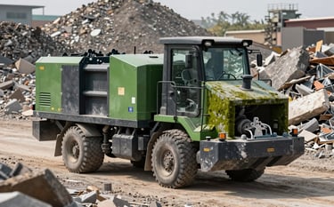 A powerful mobile stone crusher processing construction rubble on a South African site, highlighting the reuse of materials. The machinery features industrial charcoal and moss green accents, set against a backdrop of recycled aggregates.