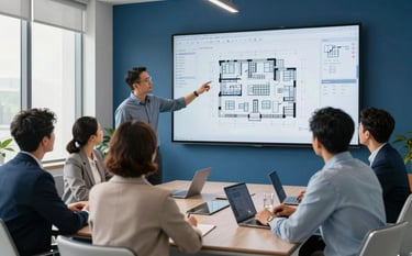 A group of diverse professionals in a sleek North American / US corporate boardroom reviewing digital building blueprints on a large wall monitor. The room is decorated in professional alice blue and steel blue colors. Soft, bright sunlight comes from side windows.