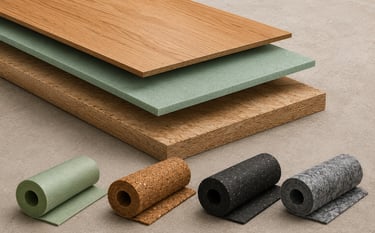 Stacked wood planks and underlayment rolls featuring cork and foam for flooring insulation.