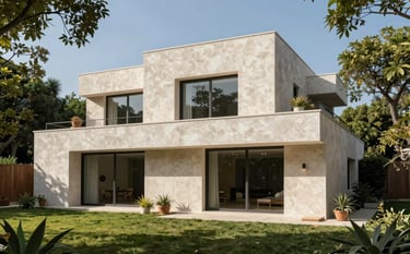 A beautiful modern Spanish home with a smooth, eco-friendly textured facade finish. The house is surrounded by lush green trees, emphasizing environmental responsibility and sophisticated architecture under a clear blue sky.