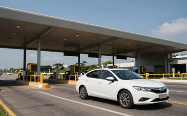 A professional photograph of a white sedan passing through a modern Brazilian highway toll plaza under bright daylight. The scene highlights efficiency and clean architectural lines of the infrastructure, with a clear sky in the background.
