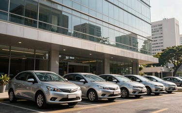 A corporate fleet of silver cars parked in front of a modern glass office building in a Brazilian business district. The lighting is crisp afternoon sun, emphasizing a professional and reliable business environment.