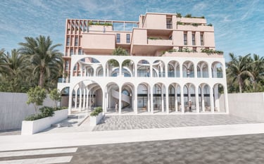 edificio de departamentos con arcos y diseño contemporaneo