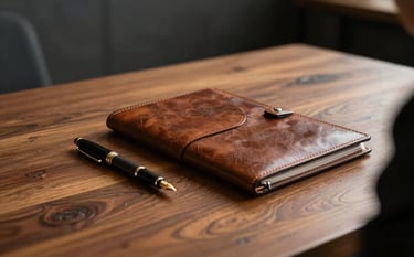 A close-up photograph of a professional meeting setting. A high-end wooden table holds a fountain pen and a leather-bound folder. The lighting is focused and warm, highlighting the rich textures of the warm stone-colored table against a dark charcoal background.