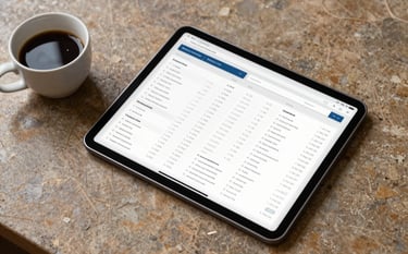 An overhead shot of a sleek tablet displaying clean data visualizations, sitting on a warm stone-colored desk next to a cup of dark coffee. The atmosphere is professional and studious, with soft natural light.