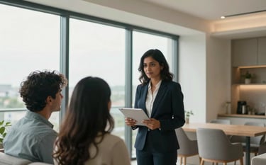 A professional South Asian woman real estate agent showing a luxury modern apartment with large windows to a young couple, warm natural lighting, soft teal and off-white interior tones, professional architectural photography.