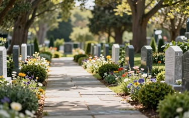 A view of a well-maintained memorial garden walkway within the pet cemetery. Stone pavers are lined with soft wildflowers and meticulously trimmed shrubs in shades of #6C7C71. The lighting is filtered through mature trees, creating a dappled sunlight effect. This image reflects the organization's commitment to creating a comforting environment.