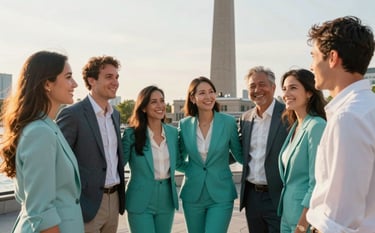 A heartwarming photography scene of a group celebrating near a landmark in a North American / Canadian city. The lighting is golden hour, creating an approachable and successful mood. The subjects wear professional-casual attire in vibrant sea teal and crisp mist tones.