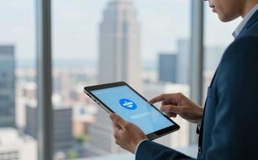 Professional photography of a business person working on a tablet in a high-rise North American / Canadian executive space with a blurred cityscape background. The lighting is sophisticated and bright. The scene features deep midnight teal and pale sky blue branding elements.
