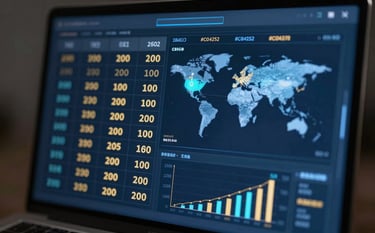 A sophisticated digital interface displaying lottery numbers and global market charts. The scene features a clean, modern aesthetic with glowing blue highlights (#28425F) and gold accents (#C0A272), symbolizing security and wealth. Professional and sleek studio lighting.