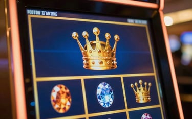 Close-up of a high-end, premium slot machine screen showing golden crown and gem symbols. The atmosphere is exclusive and thrilling, with cinematic lighting and a color palette featuring deep blues (#0A1D2F) and rich gold (#C0A272). High-resolution digital art style.