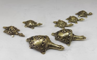 "Tribal Brass Art–Designer Turtle Set with Two Big and Several Small Turtles–Side View-for international delivery"