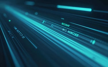 An abstract close-up of high-speed digital data streams and code lines. The lighting uses glowing blue and teal tones reflecting the brand colors #21364F and #6C8CA3. The composition conveys speed, innovation, and robust engineering for web and mobile development.