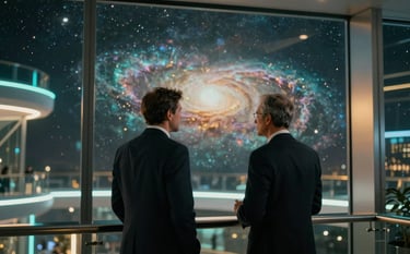 Two professionals in a futuristic glass office overlooking a nebula-like night sky. Soft metallic gold and neon cyan ambient lighting. Expert guidance atmosphere.