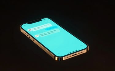 A sleek smartphone floating in a dark cosmic void, displaying a glowing neon cyan chat interface. Soft metallic gold light reflections on the glass edges. Minimalist and premium photography.