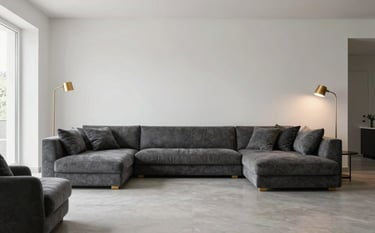 A sophisticated, high-end South Asian living room in Islamabad. Modern charcoal grey furniture contrasts with white walls, featuring subtle gold accents on floor lamps and decor. Professional photography with soft, natural lighting emphasizing clean architectural lines.